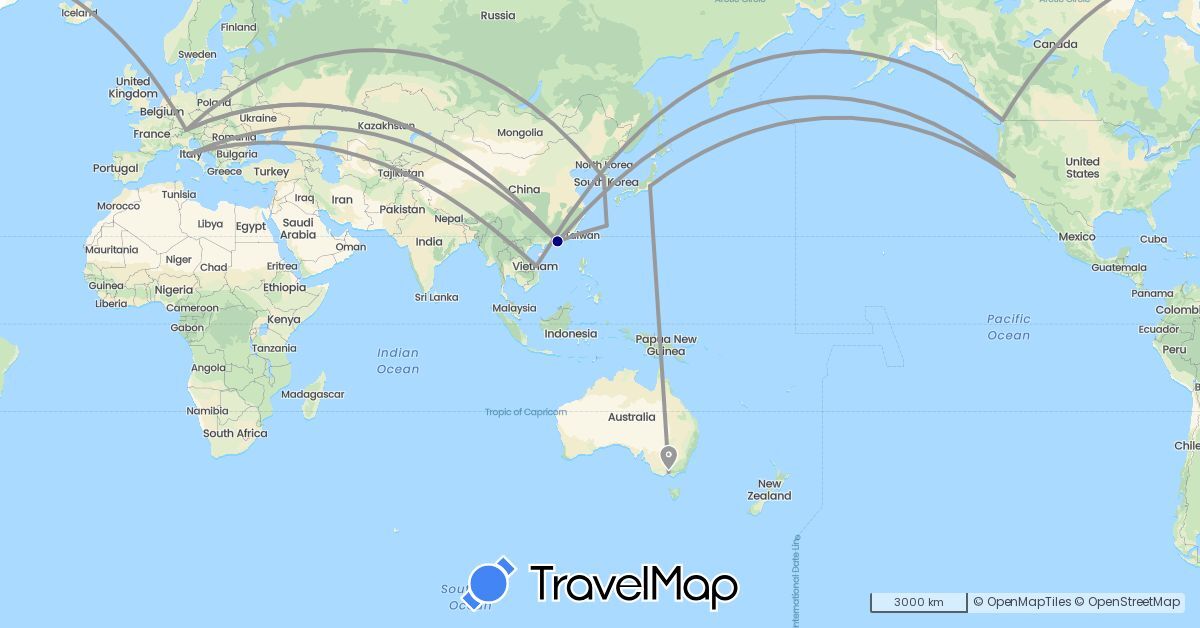 TravelMap itinerary: driving, plane in Austria, Australia, Canada, China, Italy, Japan, South Korea, United States, Vietnam (Asia, Europe, North America, Oceania)